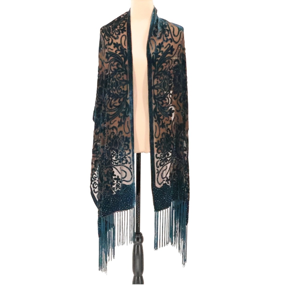 Burnout Velvet Beaded Fringe Shawl Vintage 90s Teal Devore Whimsigoth Witchy